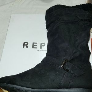 Report faux suede slouch flat boots with knit/sweater type material at top